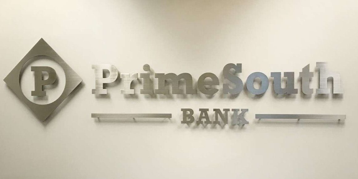 custom metal logo bank lobby sign.