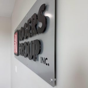 Close up of Rogers Group custom metal sign by Alabama Metal Art.