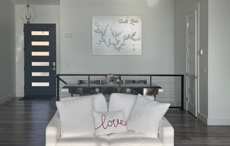 Custom metal art laser cut outline of Smith Lake by Alabama Metal Art.