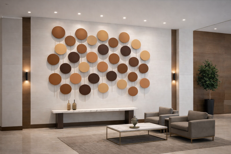 Earthtoned Circles Custom metal art shown in a hospitality setting by Alabama Metal Art.