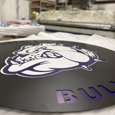 Close up of custom metal layered mascot sign for Sheffield High School by Alabama Metal Art.