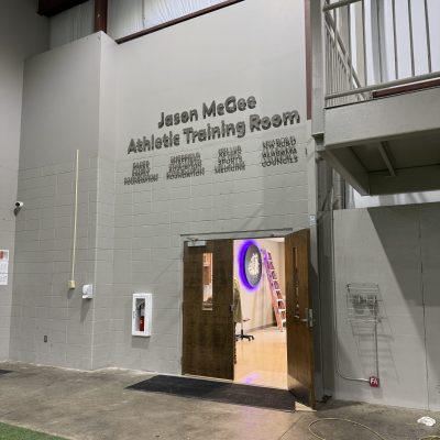 Custom metal single letters with standoffs for Sheffield High School Training Room by Alabama Metal Art.